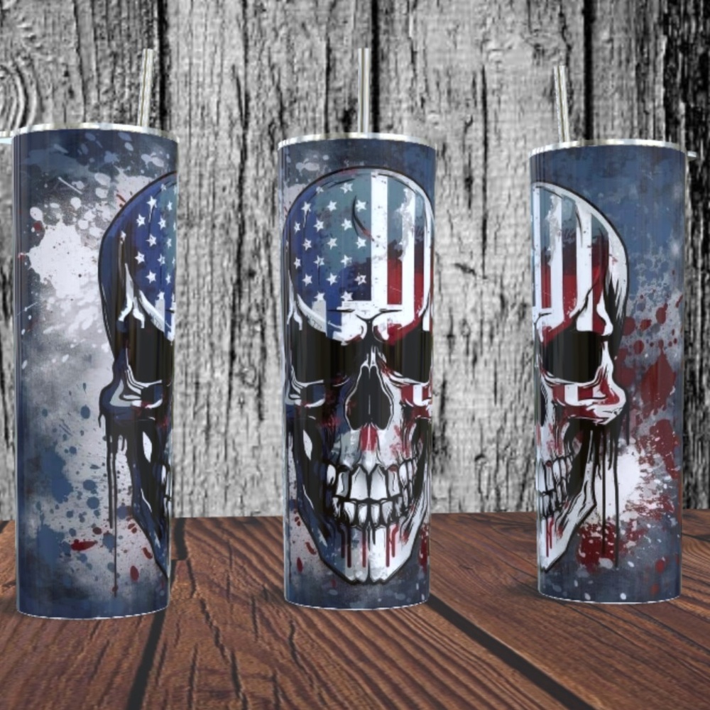 American Flag Skull Skinny Tumbler